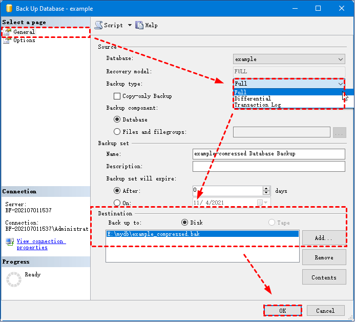 set the mssql backup type and destination with ssms