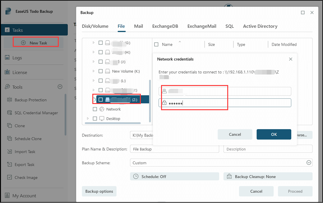 create a backup task for nas files