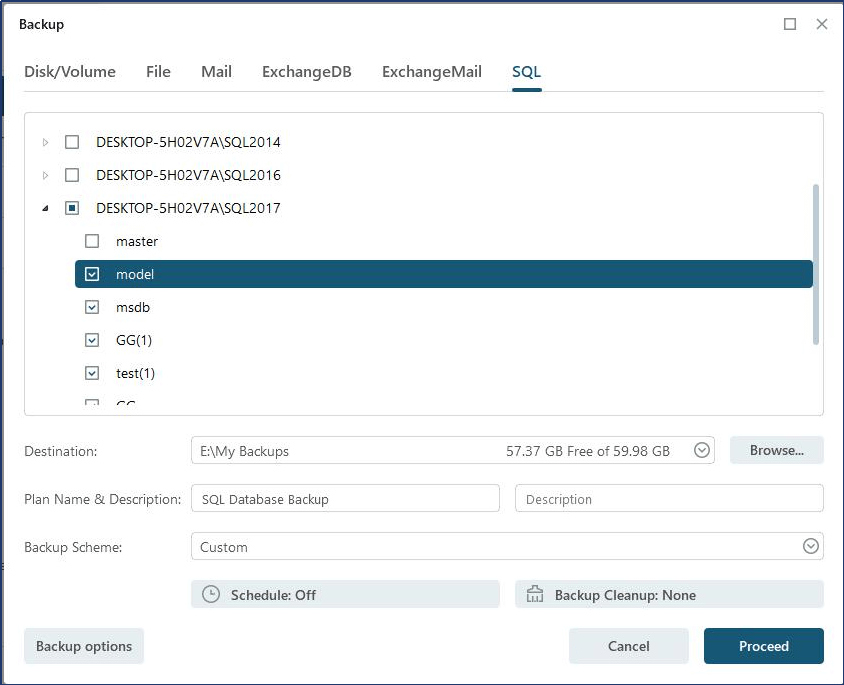 use easeus todo backup to select your mssql database and backup it
