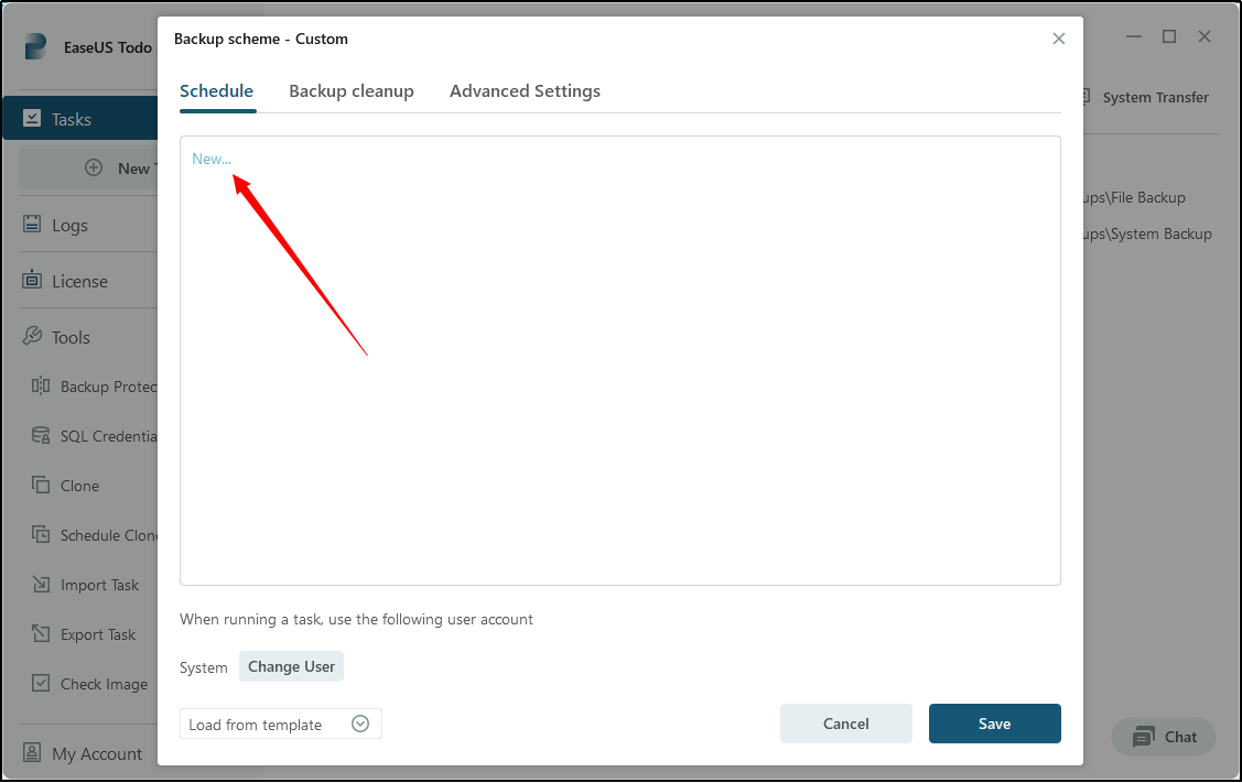 specify the schedule types and backup methods