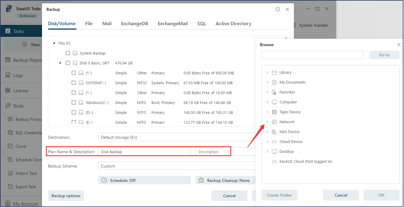use easeus todo backup to backup masql database to the desired destination