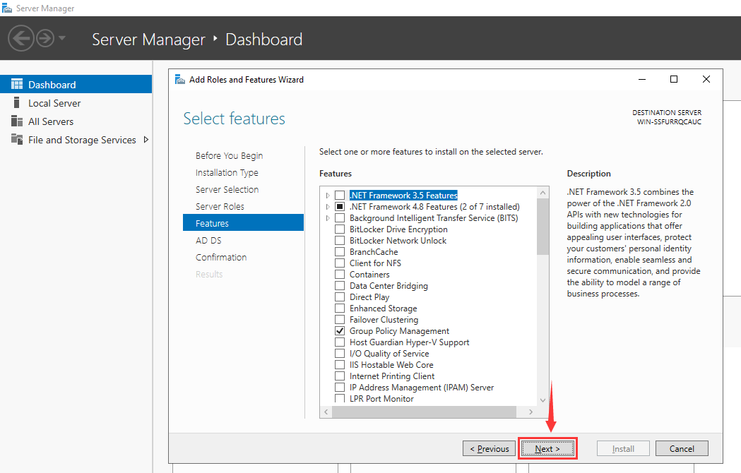 select features in server manager