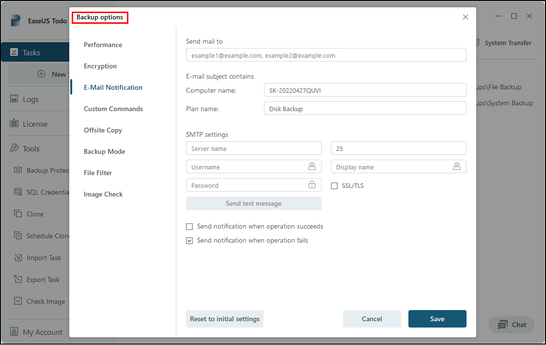 configure backup options