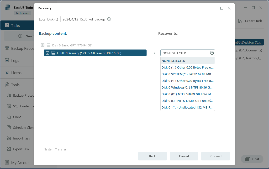 restore the mssql to the desired location