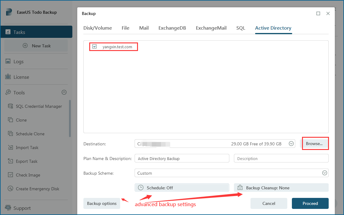 back up active directory in todo backup