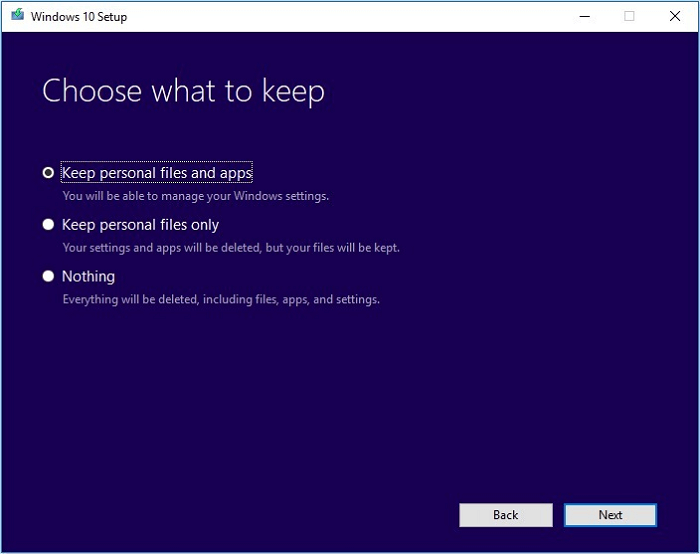 Choose what to keep while installing Windows 10