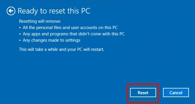 Confirm to reset windows 10 and keep all files