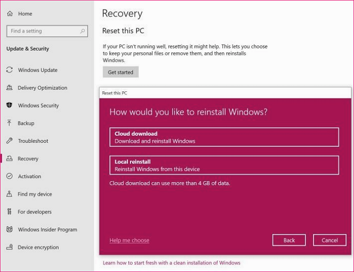 Select to reinstall Windows 10 on local drive or cloud drive