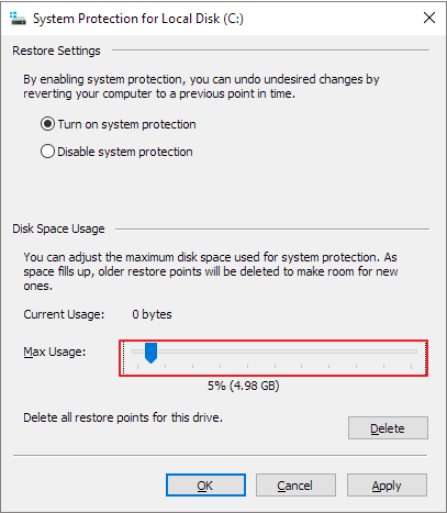 configure disk space usage for system restore