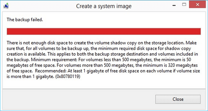 not enough disk space to create the volume shadow copy