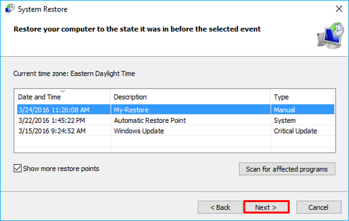 select the Restore Point