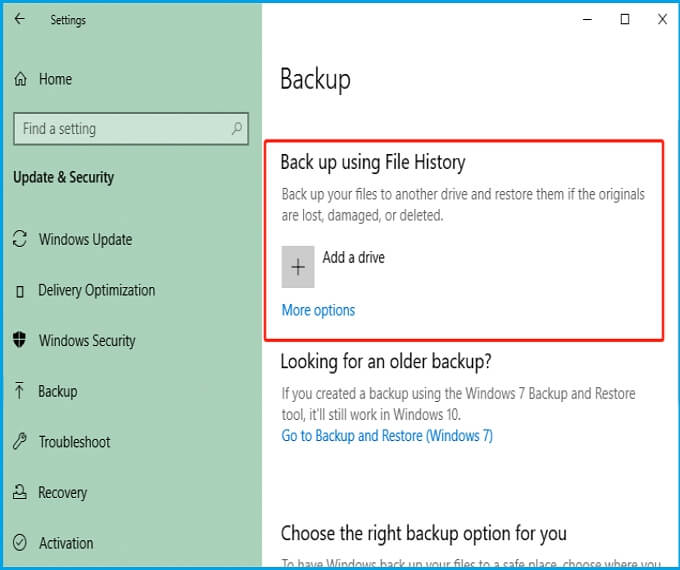 file history windows setting