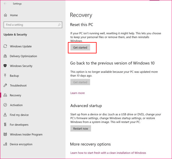 Click get started to reset windows 10