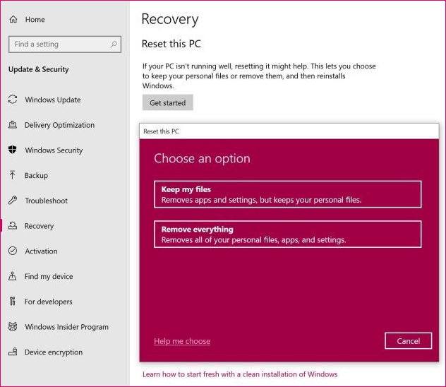 Select to keep my files while resetting windows 10