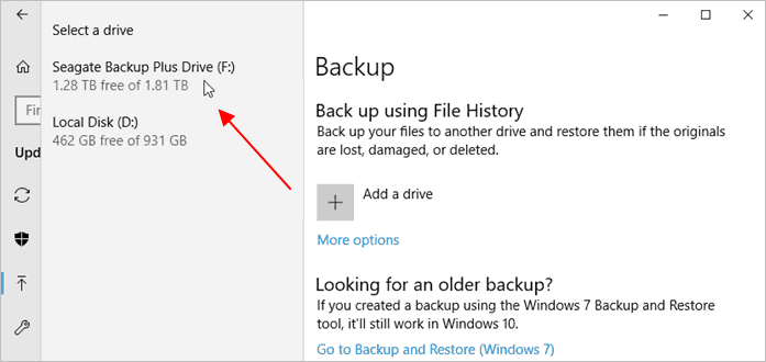 Select a backup drive on File History