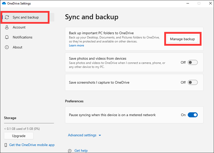 select sync and backup and click manage backup