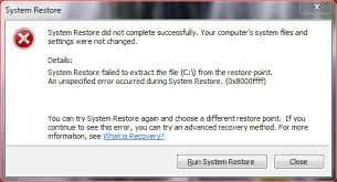 System Restore did not complete successfully with error 0x8000ffff