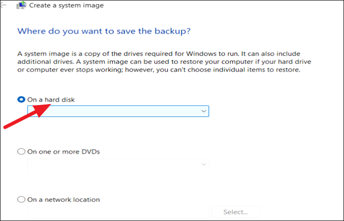 select the drive to save the backup
