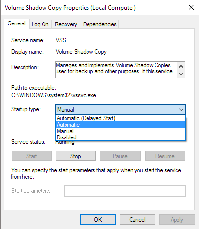 volume shadow copy automatic startup