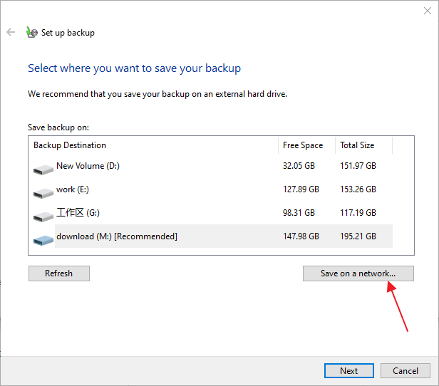 choose save on a network drive