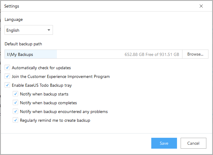 EaseUS Todo Backup Basic Settings