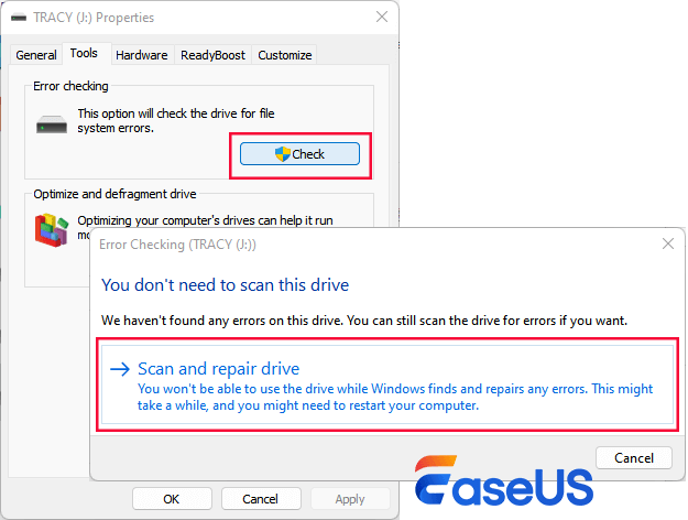 Check file system error in USB
