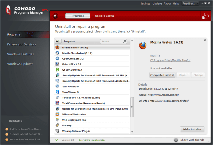 Comodo programs manager