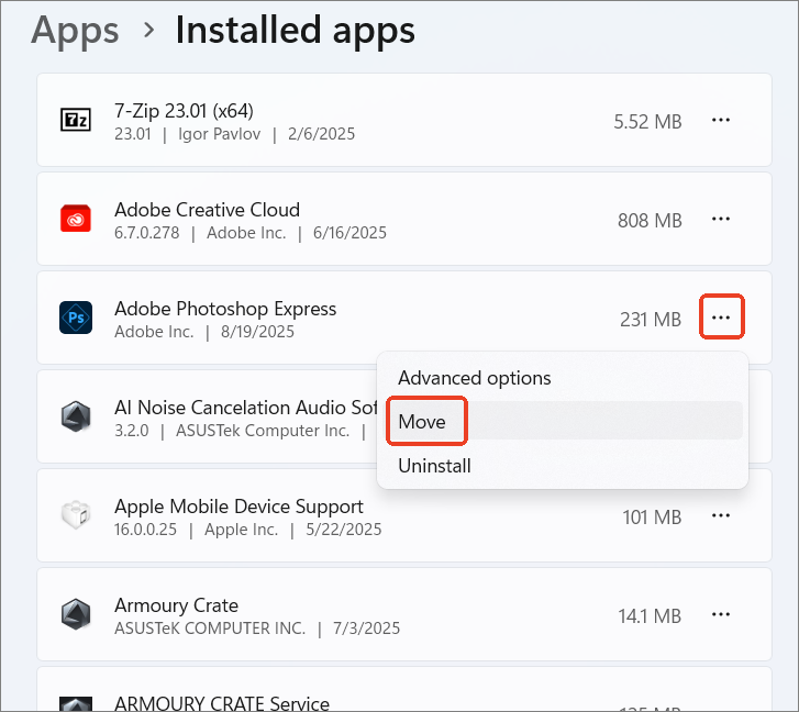 windows 11 installed apps move