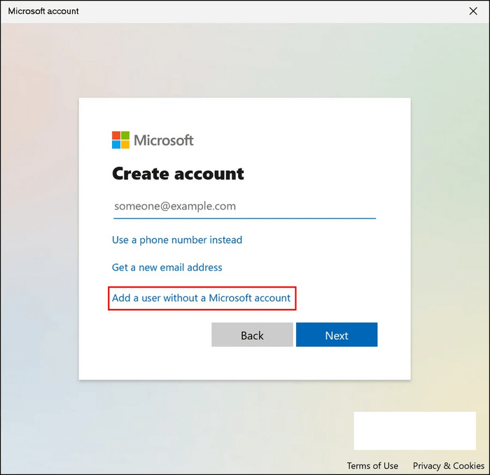 add a user without a microsoft account