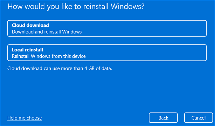 select which option you want to reinstall Windows