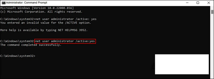 net user admin active yes
