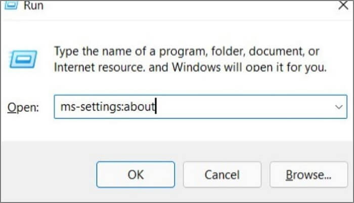 type the command ms-settings:about