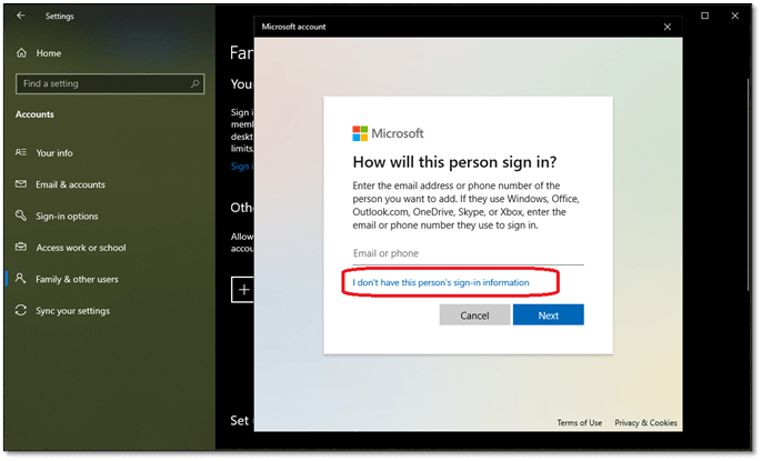 Add a user without a Microsoft Account