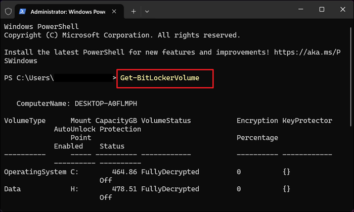 powershell disable bitlocker