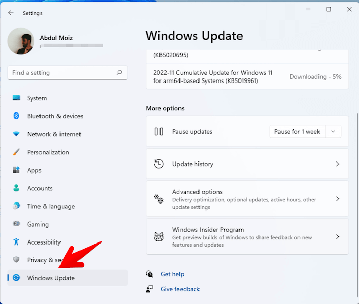 Click on Windows updates in settings